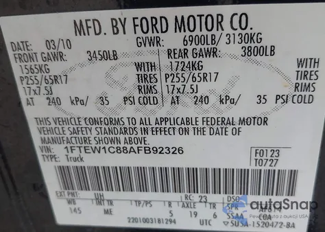 2010 Ford F-150 Fx2 Sport/Xl/Xlt from USA, damaged, VIN 1FTEW1C88AFB92326